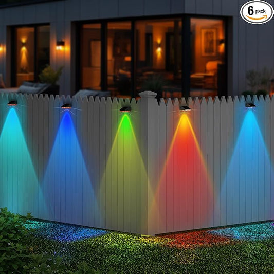 HENRE Solar Fence Lights - 9 Color Modes & Cyclical Gradient, IP44 Waterproof Solar Lights Outdoor, Auto On/Off, Fence Lights Solar Powered for Garden, Pathway, Yard Decor (6-Pack)