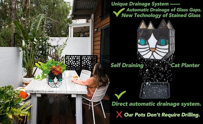 Tiffany Cute Cat Stained Glass Flower Pots,Indoor and Outdoor Plant Displays,Cat Plant Planter,Candle Holder Container Decoration 4.6 x 5.15 x 2.3 inch(11.7 x 13.1 x 5.8 CM)(Without Succulents)Black
