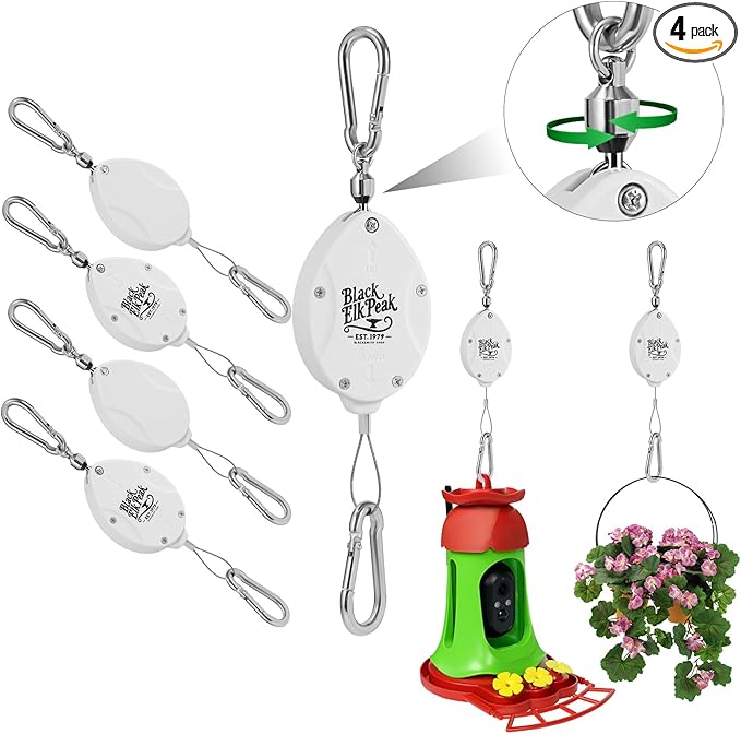 Plant Pulleys for Hanging Plants, Heavy Duty Retractable Hangers, 304 Stainless Steel Rope, Auto Plant Holder, Adjustable Climbing Hook for Garden Baskets Watering, or Bird Feeders (White-4)