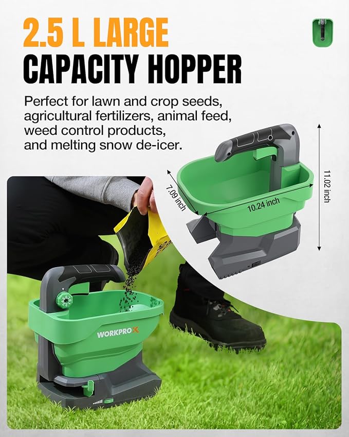 WORKPROX Battery Powered Fertilizer Spreader, 7.2V Seed Spreader for Salt, De-Icer, Earth Food, Rechargeable Grass Seed Spreader with 8-Level Settings and Holds up to 6458 sq.ft. of Product
