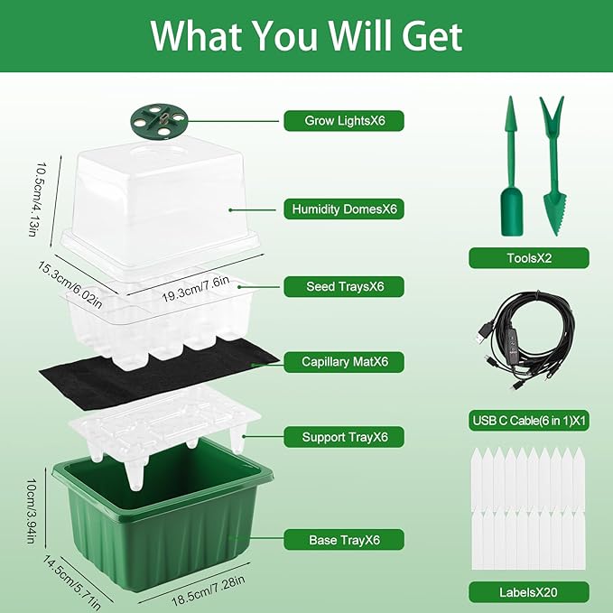 Self-Watering Seed Starter Tray with Timed Grow Light, 6 Packs Plant Starter Tray Seedling Starter Kit with Humidity Domes Base Indoor Mini Greenhouse for Gardening Seeds Growing Starting