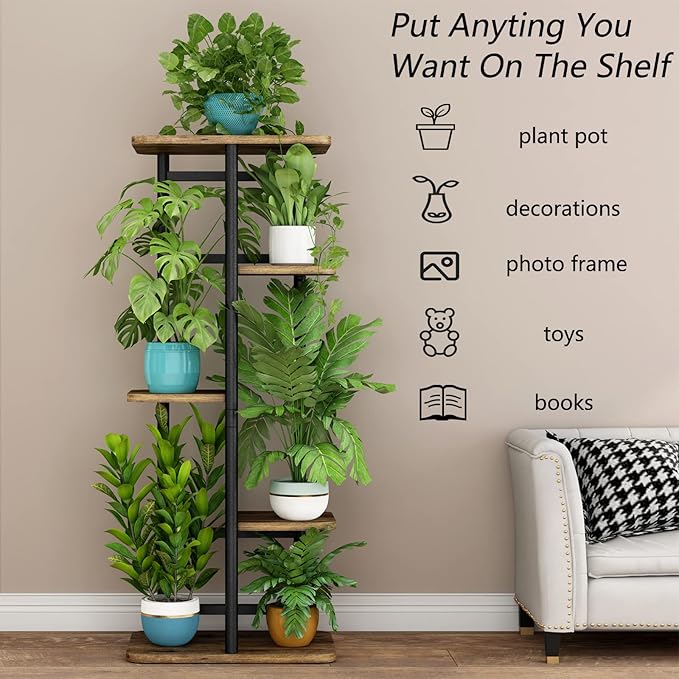 LINZINAR Plant Stand 5 Tier 6 Plant Multiple Flower Rack Holder Shelves Rack Storage Organizer Display Indoor Planter for Balcony Bedroom Patio Garden Living Room, Black