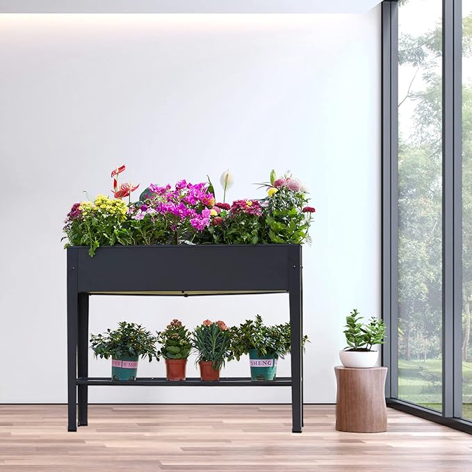 Raised Garden Bed, Elevated Planter Black Metal Plant Box with Legs Standing Garden Stand Drainage Holes Black (Black 40" L x 11" W x 31" H)