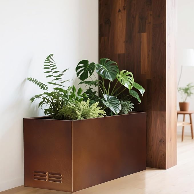 Worth Garden Metal Planter Box - 30" L x 11" W x 13" H Matte Bronze Heavy Duty Large Rectangular Steel Modern Plant Pot, Indoor Outdoor - Insert Plate with Drain Holes, Air Vents, No Assembly Required