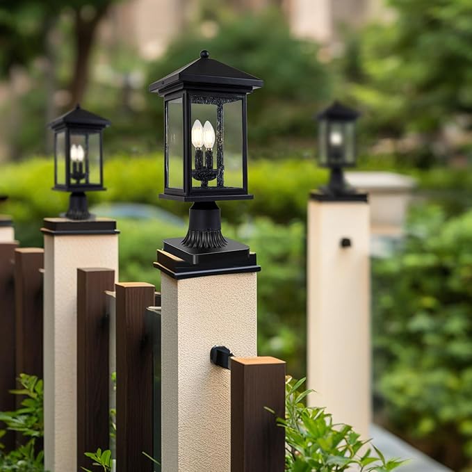 Outdoor Post Light, Waterproof Pole Lantern Lighting Fixture with Tempered Clear Seeded Glass, Matte Black Finish for Outdoors (Large Post Light)