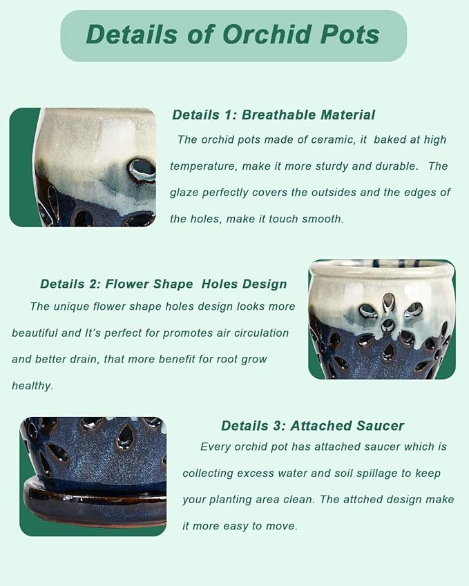 vensovo 4 Inch Ceramic Orchid Pots with Holes and Saucers - 2 Pcs Small Succulent Pot for Repotting, Garden Flowerpots for Plants Indoor and Outdoor Promotes Air Circulation (Blue, Brown Mixed)