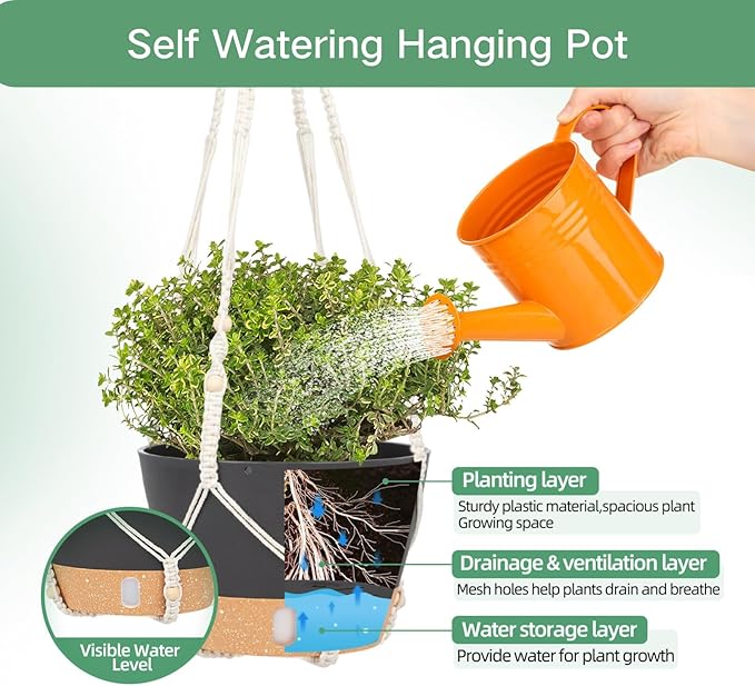QCQHDU 2 Pack Hanging Planters for Indoor Plants, Outdoor Hanging Baskets, Self Watering Pots with Drainage Holes & Removable Tray (Dark Grey, 10 inch, Macrame Hanger)