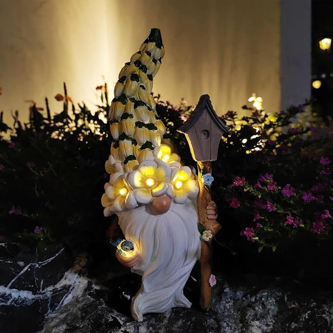 Solar Gnome Statue with Flower Hat - Solar Resin Garden Outdoor Statue Sculpture,Whimsical Gnome Figurine for Woman Gift Home and Garden Decor