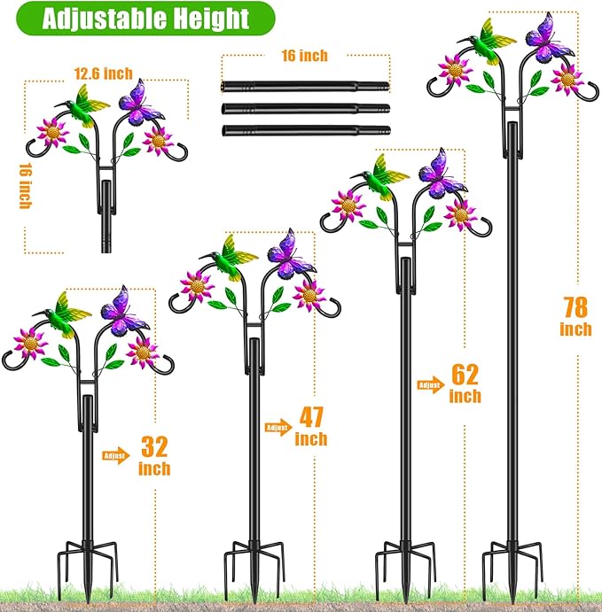 Double Shepherds Hooks for Outdoor, Artistic Hummingbird & Flower Design, 5 - Prong Base, Ideal for Bird Feeders, Baskets & Lanterns (1 Pack)