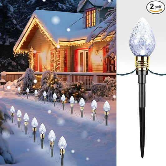 Brightown 2 Pack Strawberry C9 Christmas Pathway Lights Outdoor - Total 34.8 Feet 20 LED C9 Walkway Lights, Clear Bulb Christmas Lights Outdoor Decorations for Lawn Holiday Yard, Pure White