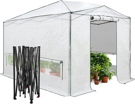 EAGLE PEAK 12x8 Portable Walk-in Greenhouse, Pop-up Indoor Outdoor Garden Green House, Zippered Doors and Windows, Heavy Duty Woven PE Cover, White