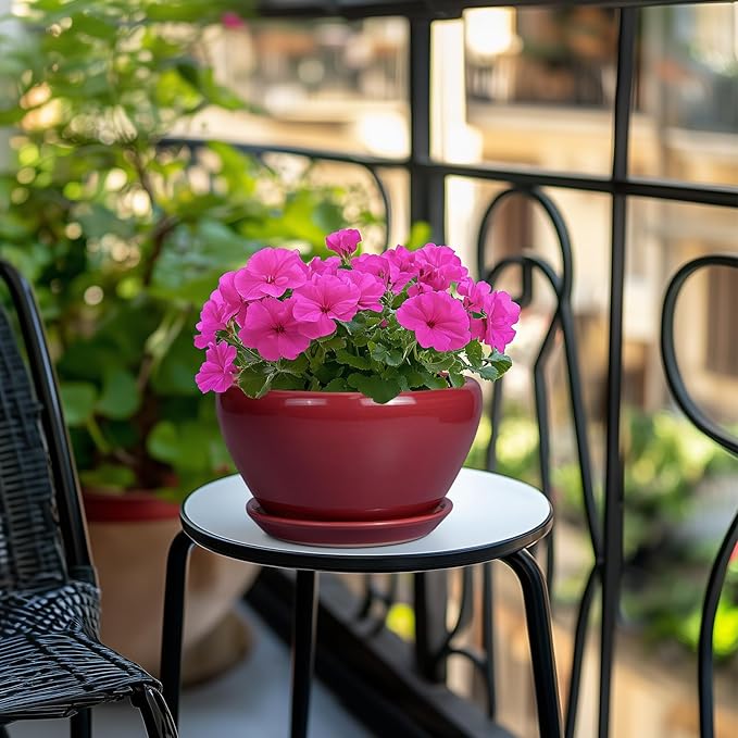 Ceramic Plant Pot 9 Inch - Planter Pot with Drainage Hole and Saucer, Round Large Planter for Indoor Plants, Outdoor Flower Pot for House Patio Decor, Red