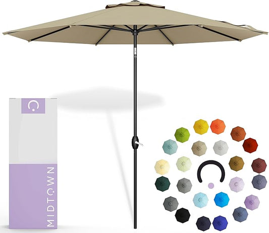 Midtown Umbrellas 10-Year-No-Fade - 9 Ft - UV Proof Beige Polyester Fabric - Umbrella Outdoor Patio, Auto-Tilt Aluminum Frame Patio Umbrella for Garden, Pool & Deck - Black Pole
