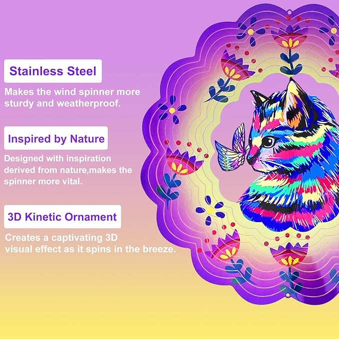 Cat Wind Spinners 3D Hanging Wind Spinner Cat Ornament Gifts for Women Mom Grandma,12inch Metal Wind Kinetic Sculpture for Outdoor&Indoor Decor, Yard Art, Garden Decoration