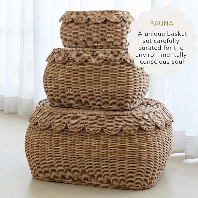 BEBE BASK Large Scalloped Basket Set Of 3 - Hand-Woven & Award-Winning Scallop Basket - XL - Extra Large for Blankets 22 x 16 x 10 In - Elegant Wicker With Scalloped Edge Lid (Mocca)