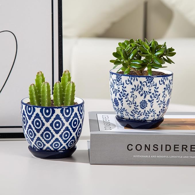 Ceramic Succulent Planter Pots - 3.5 Inch Small Flower Pot with Drainage Holes and Saucers for Indoor Plant, Cactus, Herbs, Outdoor Plants, Home Decor, Set of 4, Vintage Blue