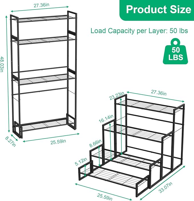 Plant Stand, 4 Tier Stackable Tiered Plant Stand, Scalable Heavy Duty Tall Plant Shelf for Indoor Outdoor, Garden, Display Shelves, Flower Pot Holder, Black