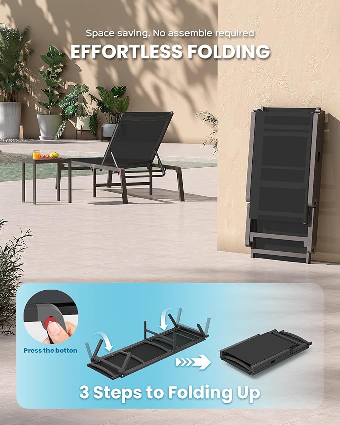 Chaise Lounge Outdoor, Foldable Aluminum Pool Lounge Chairs with 5 Positions Recliner - Free Assembly - Patio Chaise Lounge Chair for Poolside, Beach, Yard (Black)