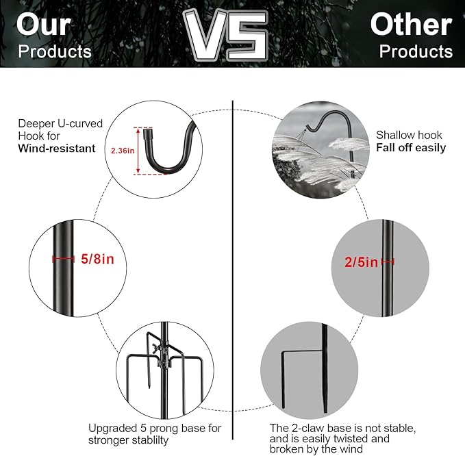 Bird Feeder Pole, 94 Inch & 5/8 Inch Diameter Stainless Steel Heavy Duty Shepherds Hooks for Outdoor to Hang Outdoor Lights with 5 Prongs Base, Rustproof for Garden Decor or Wedding Decors(Black)