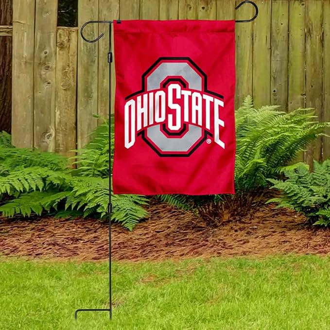 College Flags & Banners Co. Ohio State Buckeyes Red Garden Banner Flag with Flag Pole Stand Set