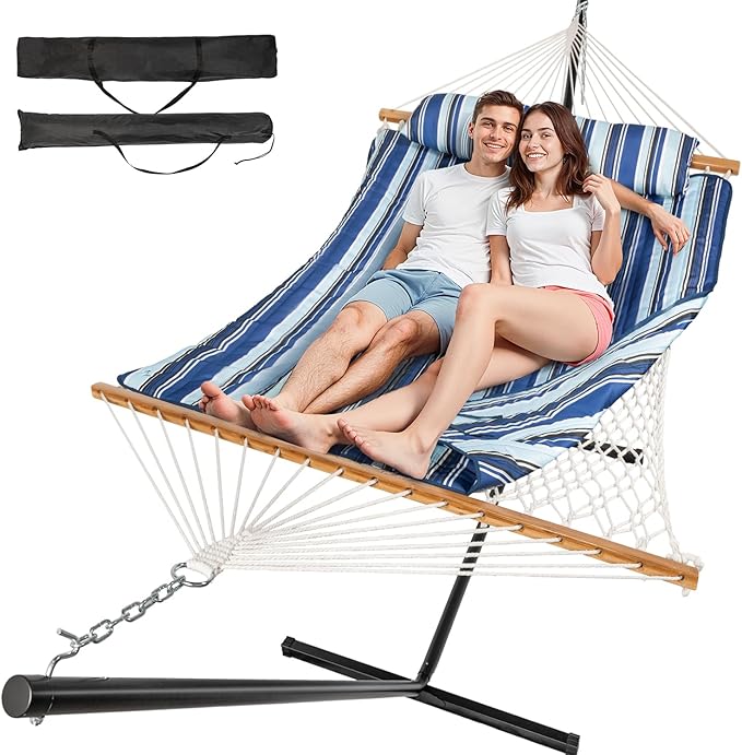 2 Person Outdoor Hammock with Stand, Cotton Rope Hammock with Polyester Pad, Adjustable Steel Frame, Portable with Carrying Bag – for Patio, Backyard, Garden, Beach, Blue