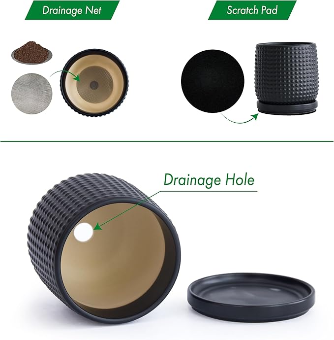 D'vine Dev Set of 2 Ceramic Plants Pots, 4 Inch Beaded Stoneware Flower Pot for Plants with Drainage Hole and Saucer, Ebony Matte, 27-E-Z-6