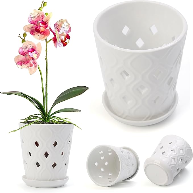 Whispering Winds Ceramic 5 x 6 Inch Orchid Pot with Holes & Saucer for Aeration and Drainage - Decorative Orchid Pots for Repotting, Prevent Over Watering & Root Rot (Carrara White)