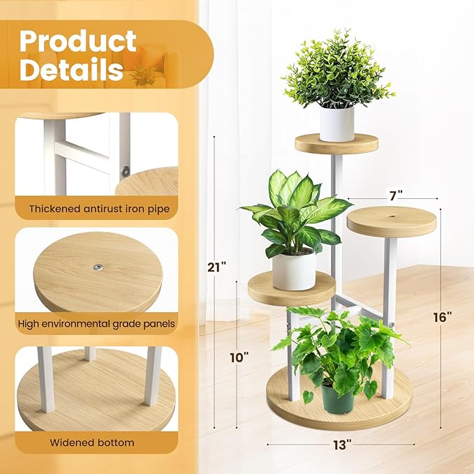 GEEBOBO 3 Tier Plant Stand Indoor, Metal Wood Plant Stands For Indoor Plants Multiple, Corner Tiered Flower Plants Shelf Stand for Living Room Bedroom, White