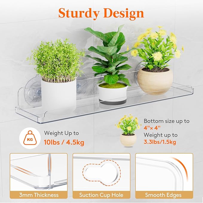 Lifewit Window Plant Floating Shelves 15 inch, 2 Pack Acrylic Suction Cup Shelf, Window Sill Extender for Indoor Succulent Plants, Micro Greens, Seed Starter Pots, Herb Planters