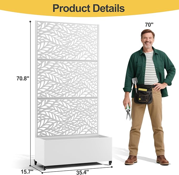 Raised Garden Bed with Trellis and Wheels,73"x35"x16" Metal Raised Garden Bed,White Flowing Leaf Metal Planter with Climbing Trellis for Vines & Vegetables