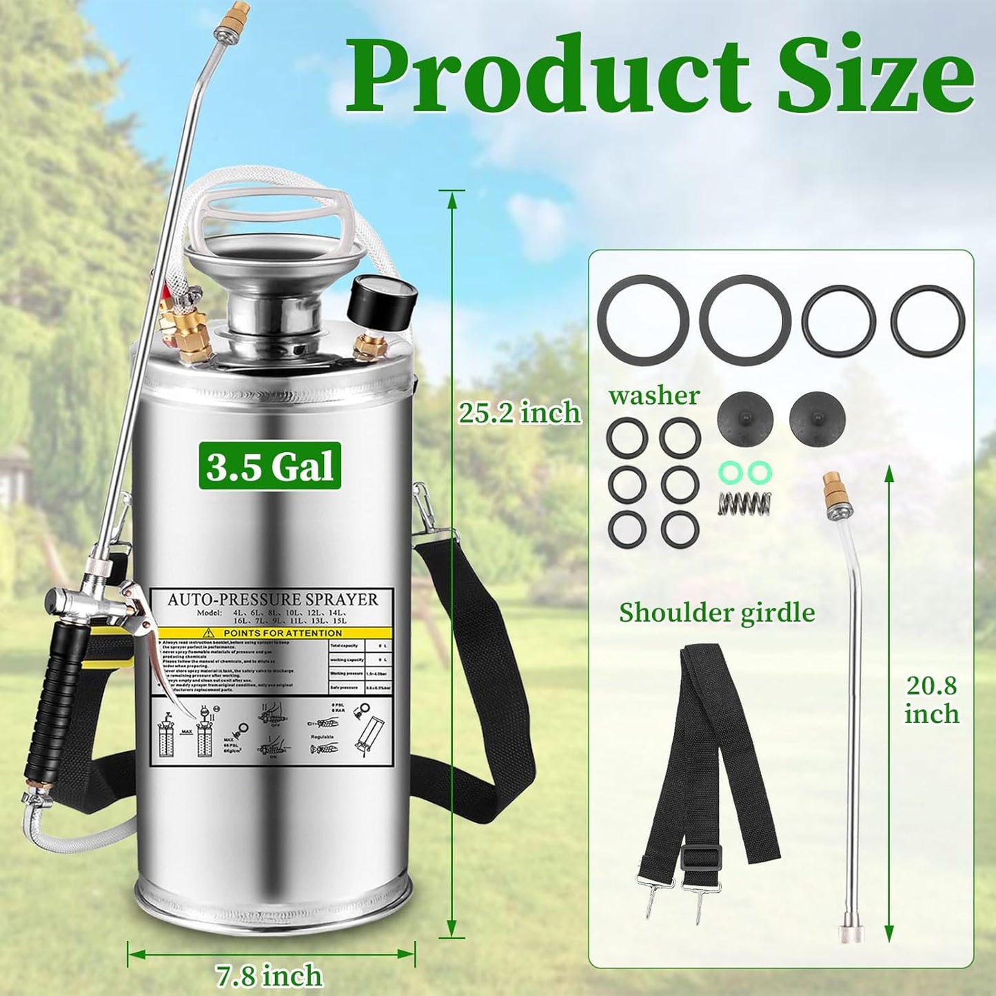 3.5 Gallon Stainless Steel Sprayer, Hand Metal Pump Up Sprayer Reinforced Hose with Pressure Gauge, Safety Valve & Adjustable Nozzle, Garden Weed Sprayers for Lawn, Gardening, Sanitizing