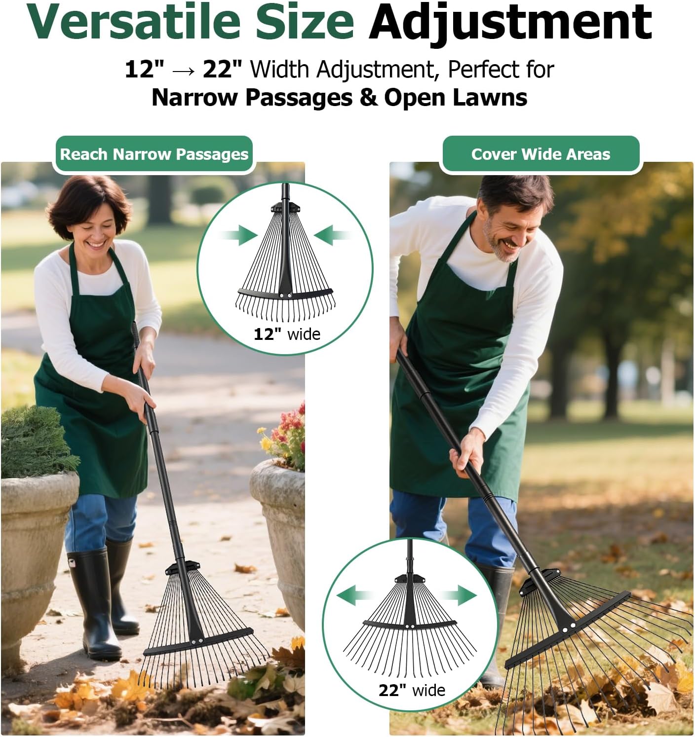 Extra Wide 22-Tines Adjustable Leaf Rake & Leaf Scoops Set, 12"-22" Width Adjustable Metal Garden Lawn Rake for Leaves, Heavy Duty & Lightweight for Flower Bed/Under Shrub/Pine Needle & Narrow Space
