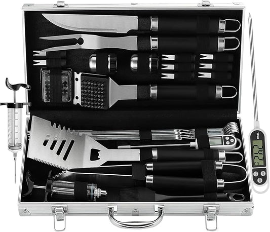 Grilljoy 24PCS BBQ Grill Tools Set with Meat Thermometer and Injector - Extra Thick Stainless Steel Fork, Spatula& Tongs - Complete BBQ Accessories in Aluminum Case - Perfect Grill Gifts for Men