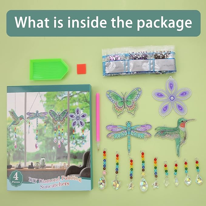 Bingcute Diamond Art Painting Suncatchers, 4 pcs Sun Catchers Diamond Art Painting Kits for Kids DIY Crafts for Adults Hummingbird Prism Crystal Suncatchers Wind Chime Windows Garden Decorations