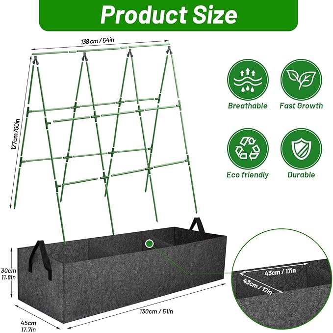 Cucumber Trellis for Garden, 45 x 53 Inches A Frame Outdoor Greenhouse Trellis with 46 Gallon Fabric Raised Bed, Climbing Net and Plant Support Clips for Climbing Plants