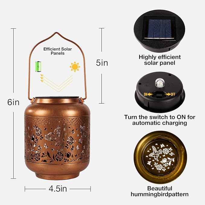 Solar Lanterns Outdoor Waterproof, Hummingbird Solar Lights Outdoor, Garden Decor Hanging Metal Lantern, Garden Lights for Yard/ Patio/Porch/Lawn, Decorative Gifts for Mom/Women