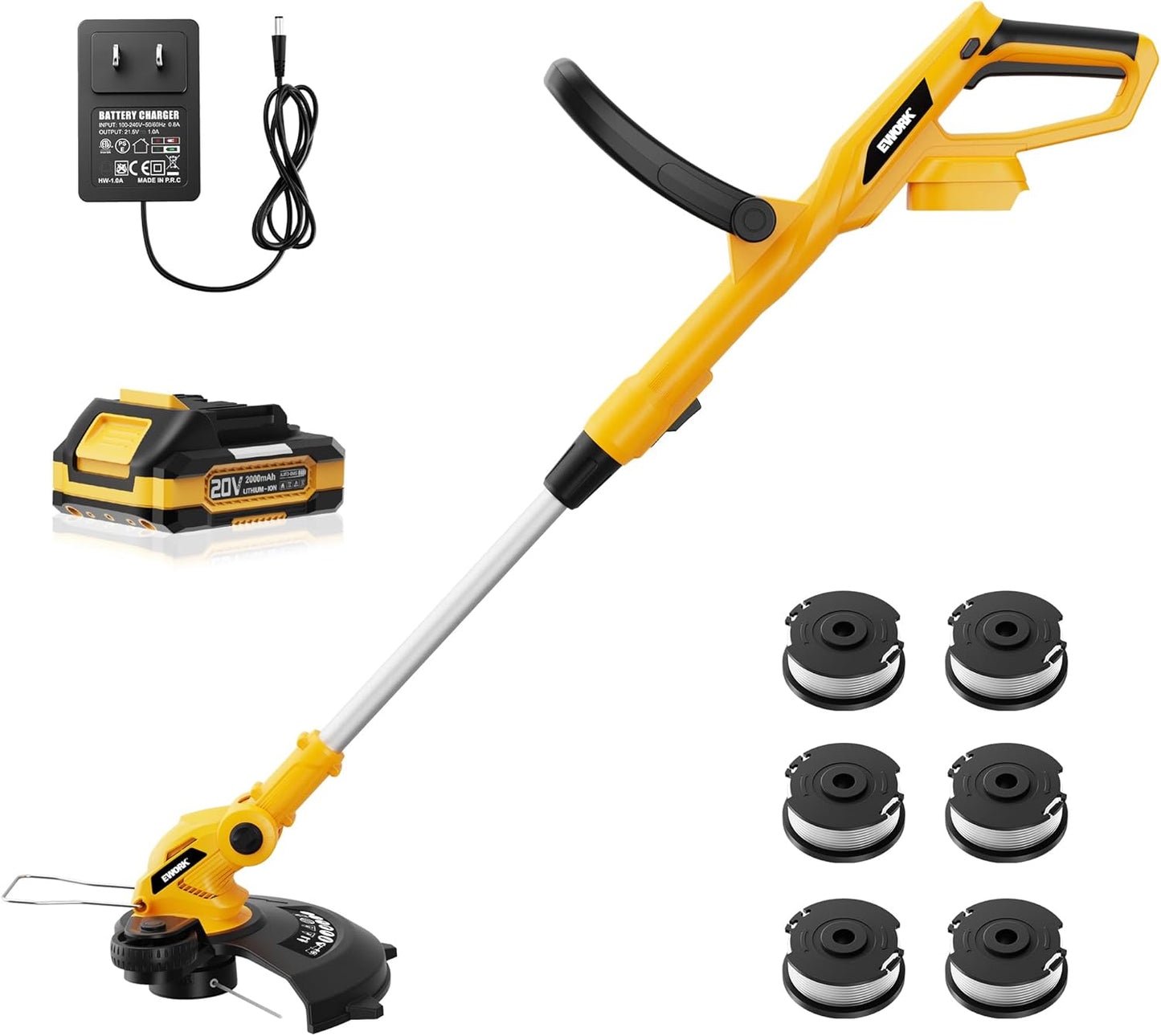 EWORK 20V 12-Inch Electric String Trimmer Cordless, 2.0Ah Battery Powered Weed Eater, 2 in 1 Trimmer and Edger with Auto Line Feed, Electric Weed Wacker for Lawn, Garden, Yard, etc