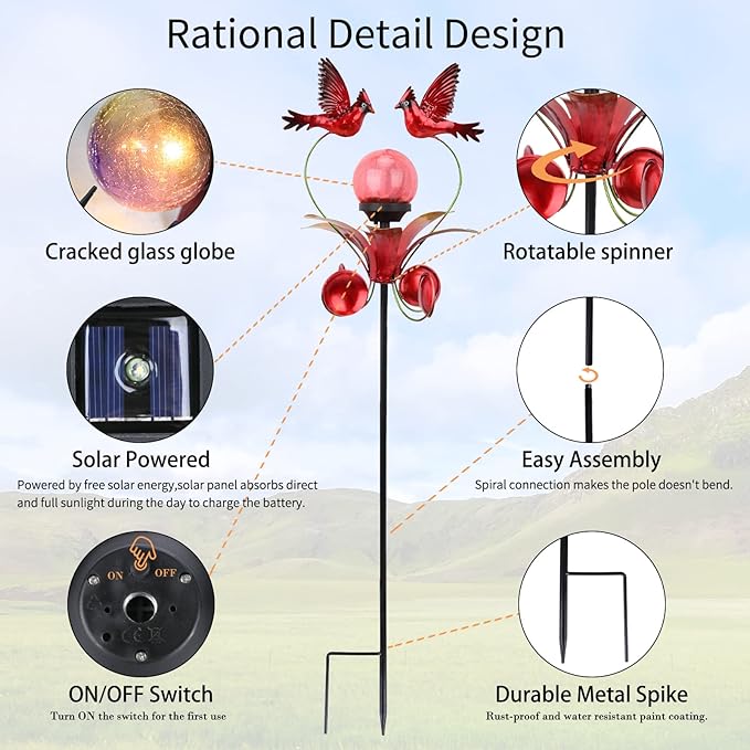 VCUTEKA Cardinal Solar Lights Outdoor Metal Garden Stake Waterproof Crackle Glass Globe Garden Decor Cardinal for Pathway, Lawn, Patio, Yard