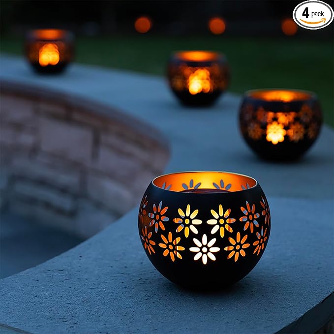 5.4” 4-Pack Decorative Metal Solar Patio Light with Flickering Flame, Waterproof Dusk-to-Dawn Garden Lantern, Matte Black