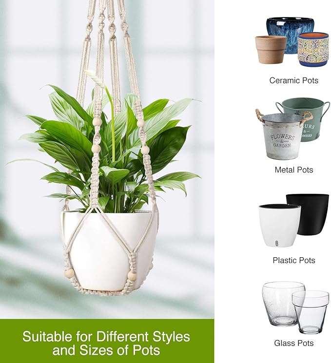 Macrame Plant Hanger Indoor Set of 4 with 8 Hooks, Indoor Outdoor Hanging Planter for Plants Holder with Decorative Wood Beads & No Tassels, Boho Home Decor, 35 Inch Ivory (Pots Not Included)