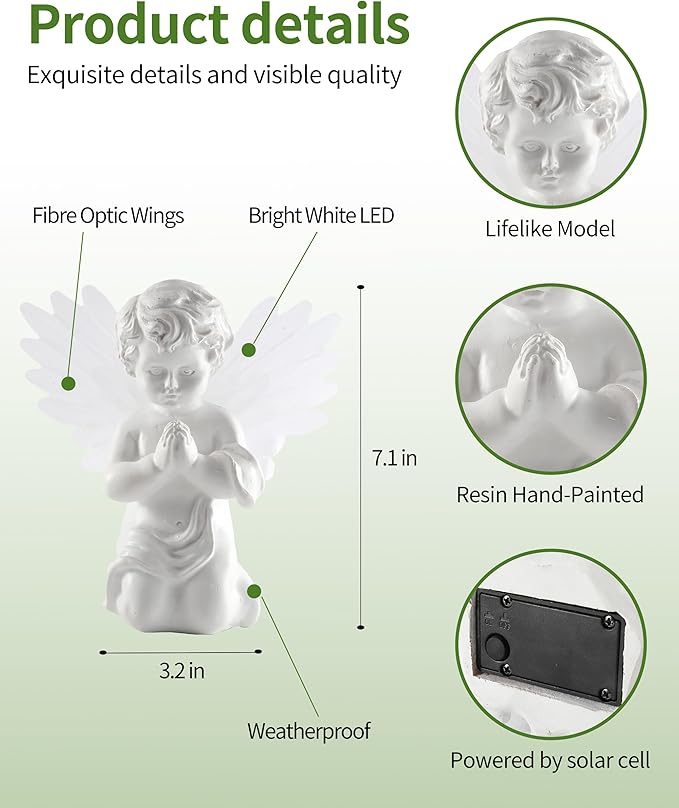 iStatue Solar Praying Cherub Angel Light with Fibre Optic Wings - 7.1'' Sympathy Remembrance Memorial Gift for Grave Ornaments Garden Decor (Kneeling Angel)