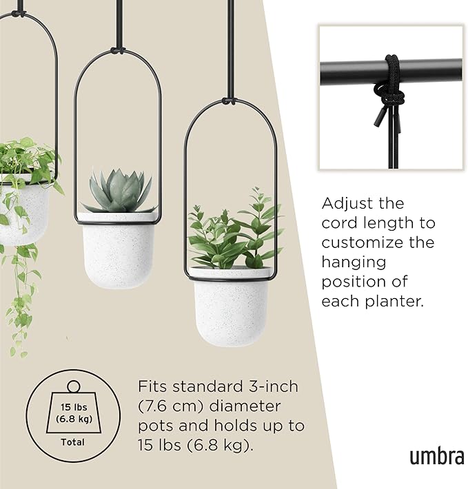 Umbra Triflora Hanging Planter for Window, Indoor Herb Garden, Set of 3, White/Black