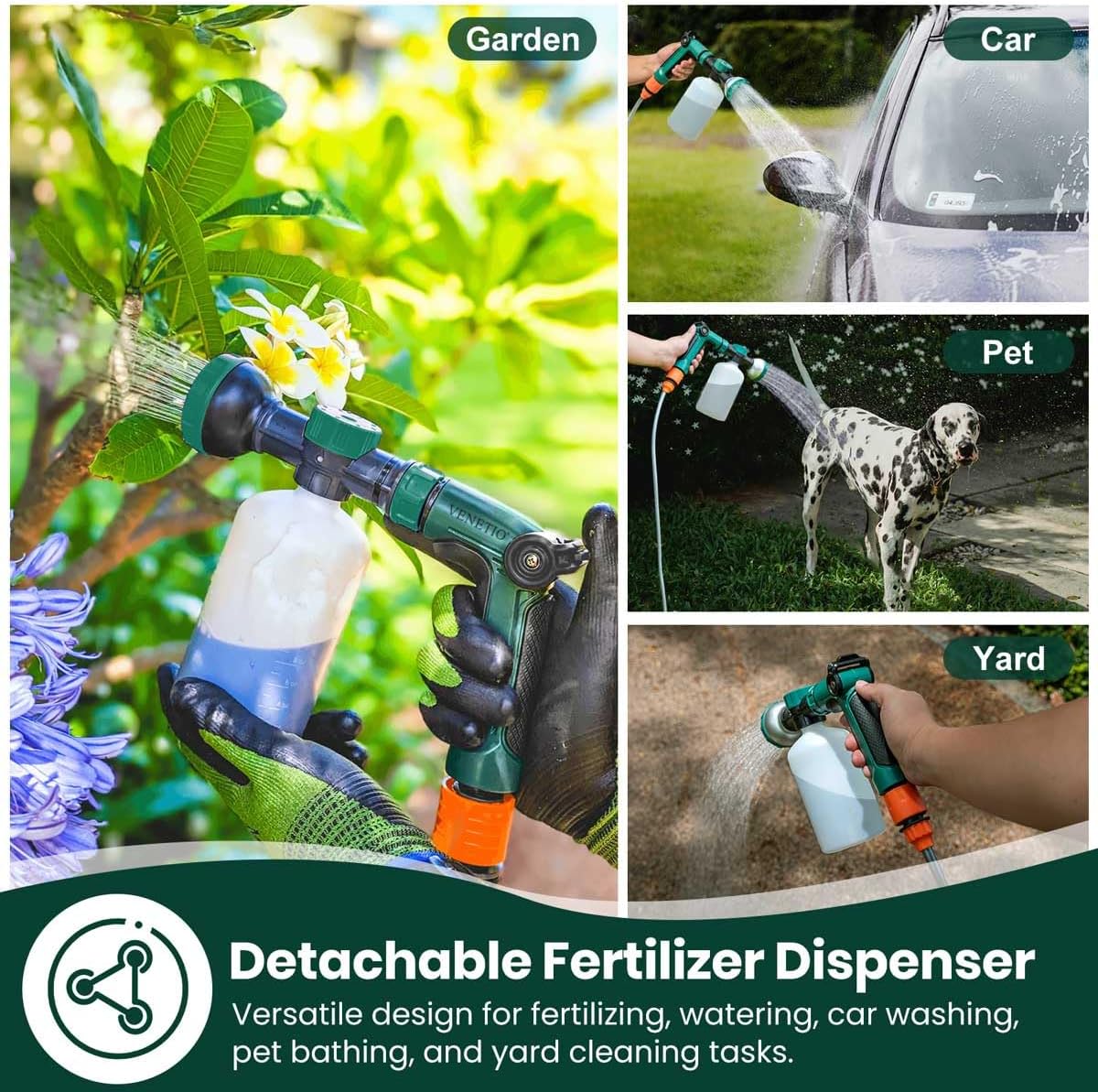 VENETIO 8-Dial Hose End Sprayer for Liquid Fertilizer/Soap | Precision Lawn, Yard & Garden Feeder with 34oz Bottle for Uniform Fertilizing and Watering Plants | Hose Attachment Nozzle Spray Gun