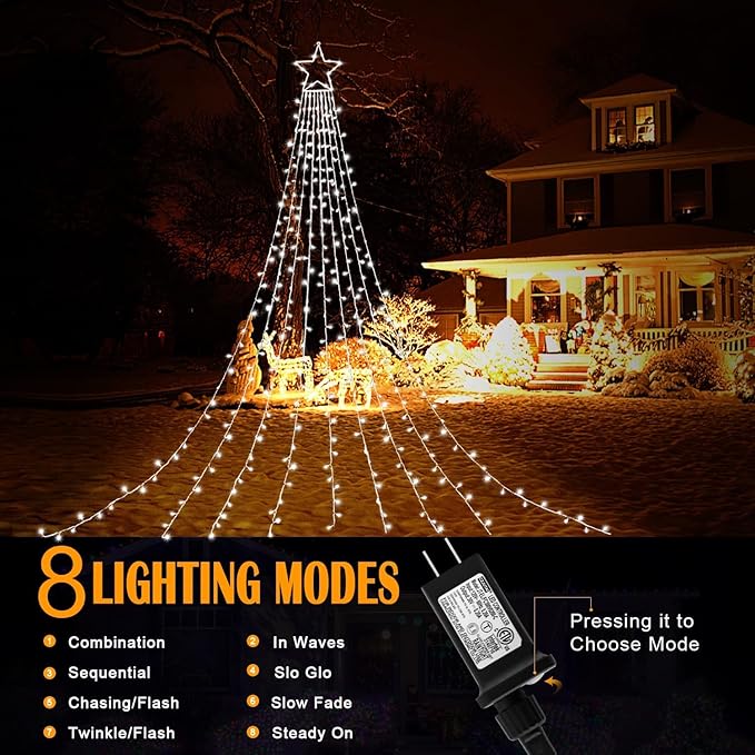 Christmas Decorations Star String Lights, 320 LED Waterfall Tree Lights with 13" Topper Star 8 Lighting Modes Indoor Outdoor Decorative for New Year, Holiday, Wedding, Party