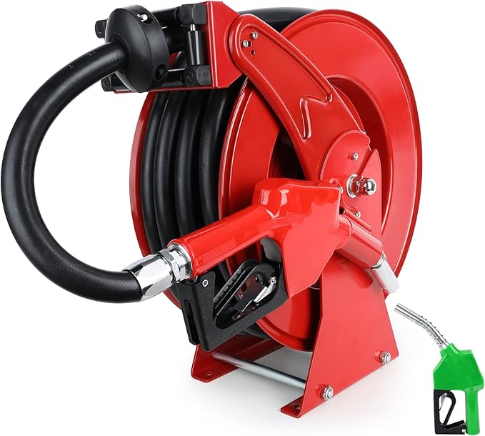 Fuel Hose Reel with Fueling Nozzle, 3/4" x 50FT Retractable Diesel Hose Reel, 300 PSI Industrial Heavy Duty Auto Swivel Rewind Hose Holder Reels, for Vehicle Tank Truck Trailer Ship