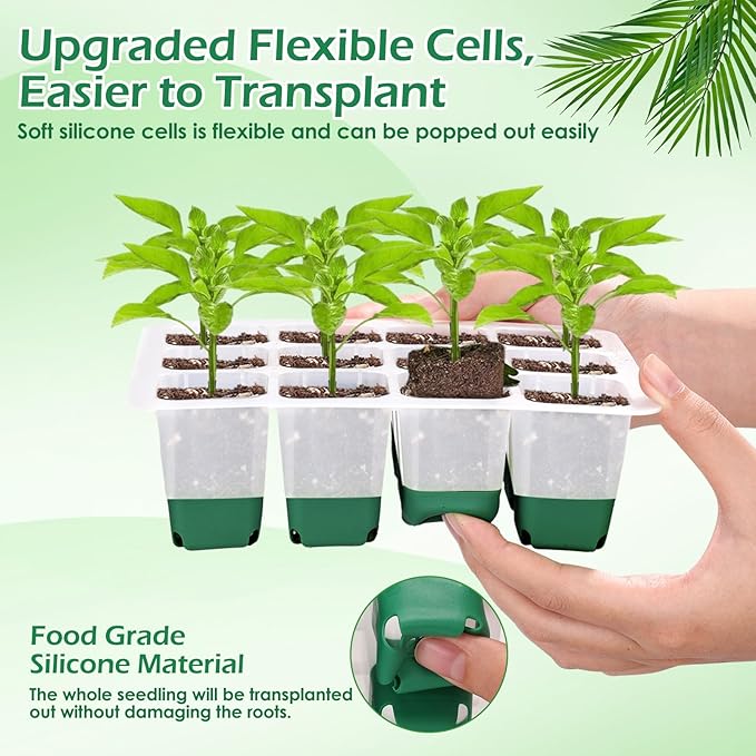 Reusable Seed Starter Tray, 4 Pack Silicone Seed Starter Kit for Starting Plant Seeds with Humidity Adjustable Dome and Lid, Indoor Seed Starting Supplies with Water Spray Bottle for Plants, BPA-Free