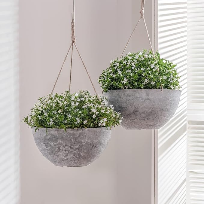 LA JOLIE MUSE Hanging Planter Flower Plant Pots - 9.84 Inch Indoor Outdoor Balcony Patio Hanging Basket Set of 2, Marble Pattern
