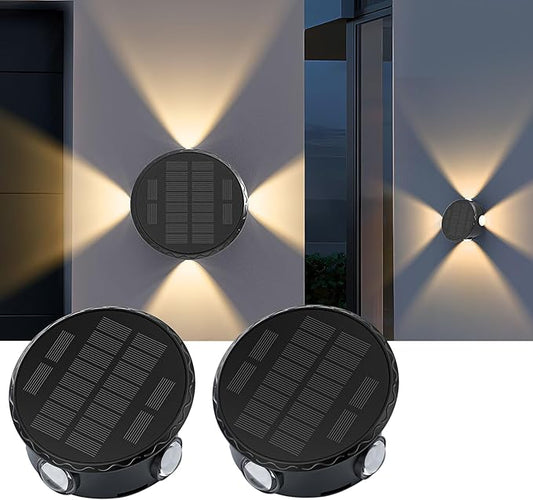 Outdoor Wall Lights - 4 LED Solar Lights for Outside - IP65 Waterproof-RGB Multicolor - Auto On/Off - 1200mAh Battery, Use on The Fence, Patio, Yard, Garden, Porch&More 2 Pack (Warm Color)