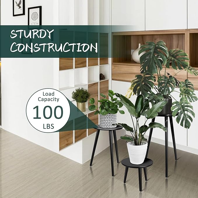 Uneedem Indoor Plant Stand Wood Mid Century Plant Stand for Indoor Plants, Modern Plant Table, 20.5" Tall Plant Holder Stand for Flower Pots, Small Round Side Table, End Table Black