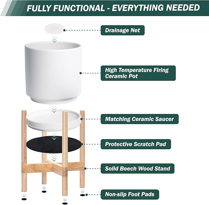 D'vine Dev Ceramic Planter with Natural Stand - 12 Inch Modern Round Flower Pot with Wood Planter Holder, White, 55-B-J-1
